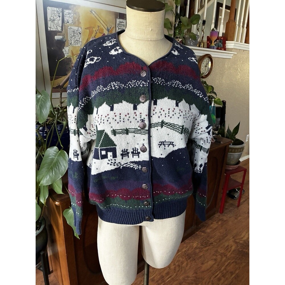 VTG Northern Reflections Knit Sweater Snow Winter Size Small Metal Buttons